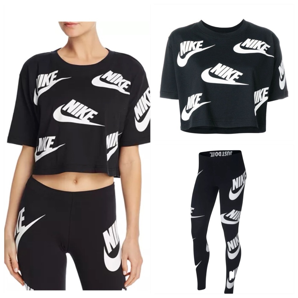 NIKE Futura Logo All Over Print Crop and Leggings Set